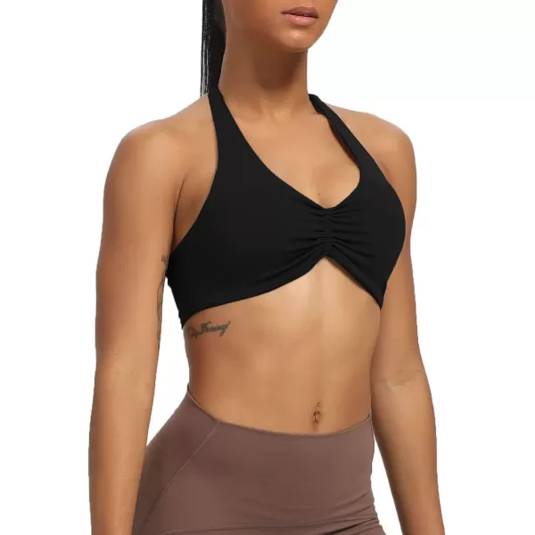 Aoxjox Womens Workout Sports Bras Fitness Backless Padded Taylor Scrunch Halter Bra Yoga Crop Tank TopA Black