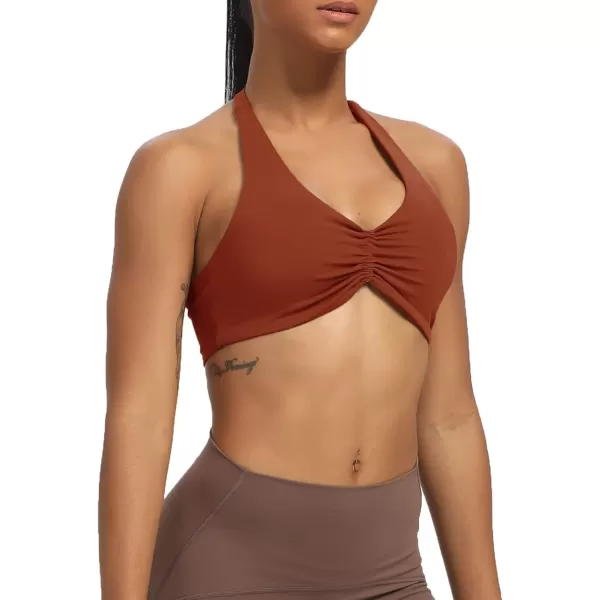 Aoxjox Womens Workout Sports Bras Fitness Backless Padded Taylor Scrunch Halter Bra Yoga Crop Tank TopCherry Mahogany