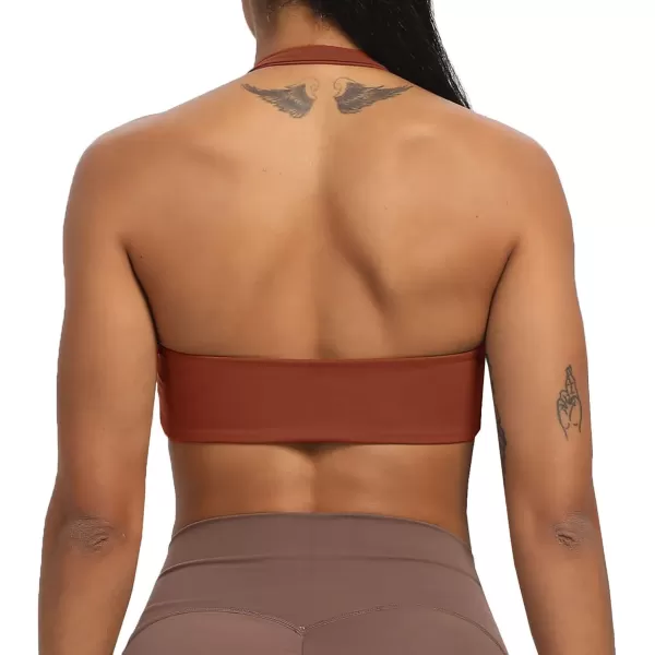 Aoxjox Womens Workout Sports Bras Fitness Backless Padded Taylor Scrunch Halter Bra Yoga Crop Tank TopCherry Mahogany
