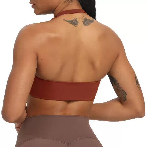 Aoxjox Womens Workout Sports Bras Fitness Backless Padded Taylor Scrunch Halter Bra Yoga Crop Tank TopCherry Mahogany