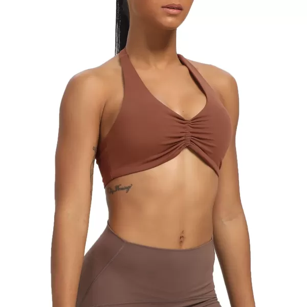 Aoxjox Womens Workout Sports Bras Fitness Backless Padded Taylor Scrunch Halter Bra Yoga Crop Tank TopDandelion Brown