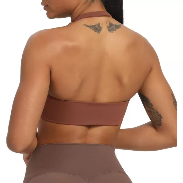 Aoxjox Womens Workout Sports Bras Fitness Backless Padded Taylor Scrunch Halter Bra Yoga Crop Tank TopDandelion Brown