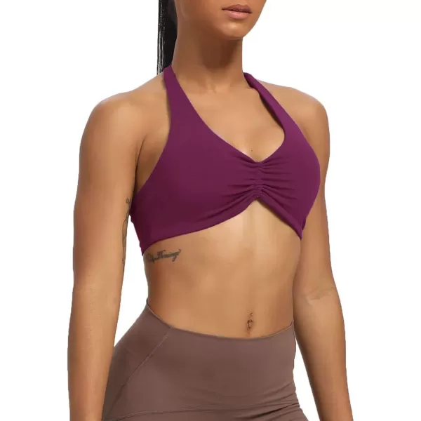 Aoxjox Womens Workout Sports Bras Fitness Backless Padded Taylor Scrunch Halter Bra Yoga Crop Tank TopDark Purple