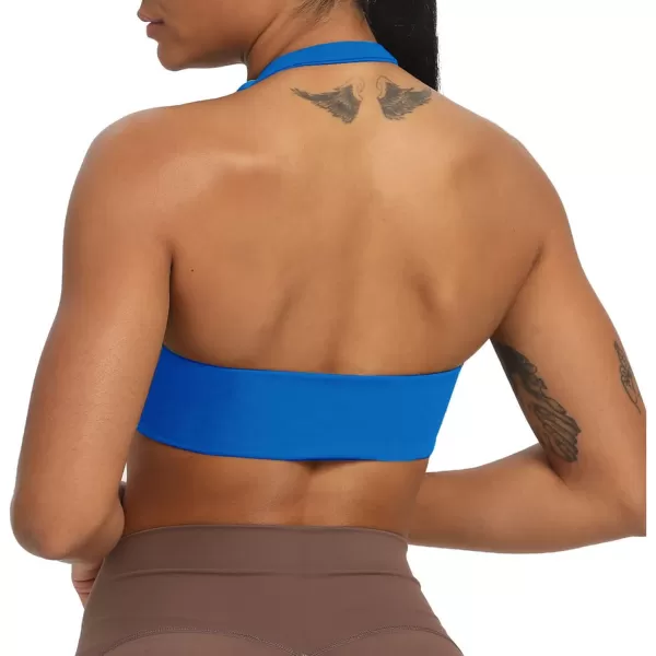 Aoxjox Womens Workout Sports Bras Fitness Backless Padded Taylor Scrunch Halter Bra Yoga Crop Tank TopDirectoire Blue