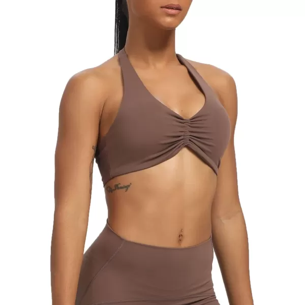 Aoxjox Womens Workout Sports Bras Fitness Backless Padded Taylor Scrunch Halter Bra Yoga Crop Tank TopFudge Coffee