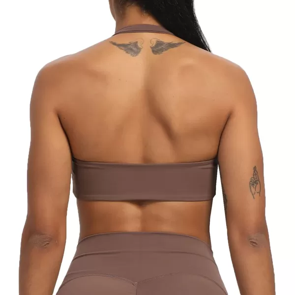 Aoxjox Womens Workout Sports Bras Fitness Backless Padded Taylor Scrunch Halter Bra Yoga Crop Tank TopFudge Coffee