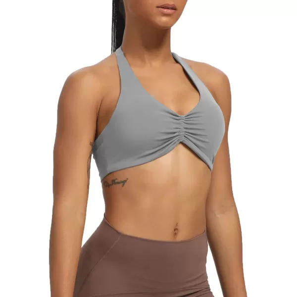 Aoxjox Womens Workout Sports Bras Fitness Backless Padded Taylor Scrunch Halter Bra Yoga Crop Tank TopGrey