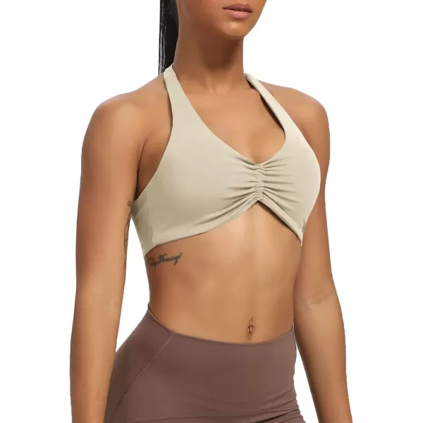 Aoxjox Womens Workout Sports Bras Fitness Backless Padded Taylor Scrunch Halter Bra Yoga Crop Tank TopMink