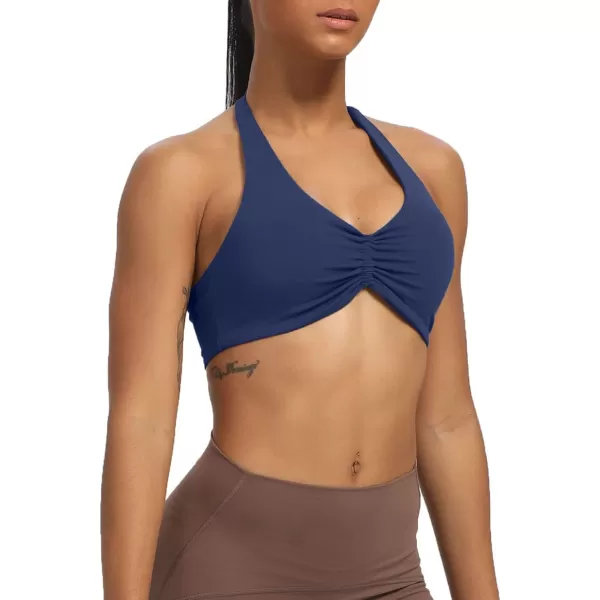 Aoxjox Womens Workout Sports Bras Fitness Backless Padded Taylor Scrunch Halter Bra Yoga Crop Tank TopNavy