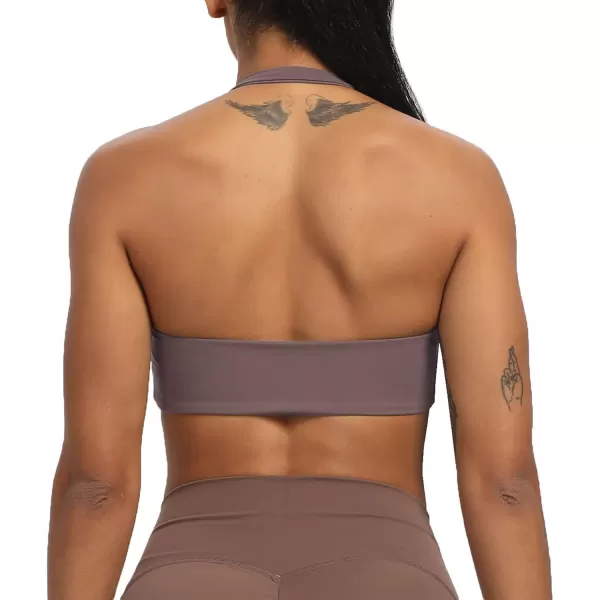 Aoxjox Womens Workout Sports Bras Fitness Backless Padded Taylor Scrunch Halter Bra Yoga Crop Tank TopPlum Truffle
