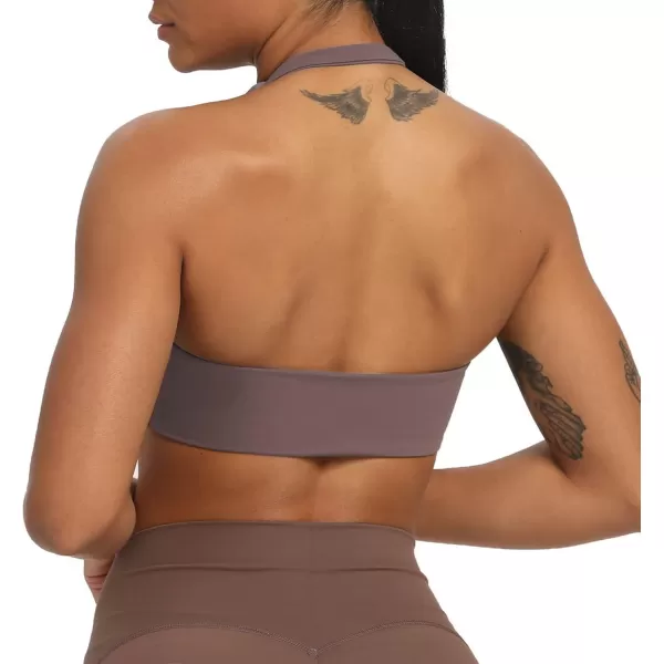 Aoxjox Womens Workout Sports Bras Fitness Backless Padded Taylor Scrunch Halter Bra Yoga Crop Tank TopPlum Truffle