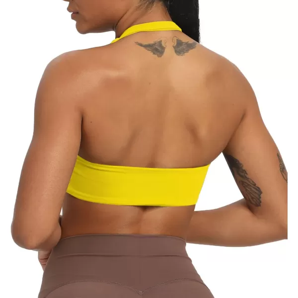 Aoxjox Womens Workout Sports Bras Fitness Backless Padded Taylor Scrunch Halter Bra Yoga Crop Tank TopVibrant Yellow
