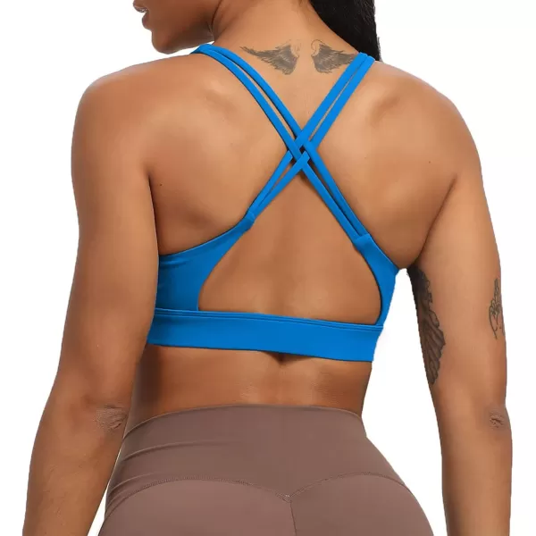 Aoxjox Womens Workout Sports Bras Fitness MediumHigh Cross Back Sporty Padded Bra Yoga Crop Tank TopDirectoire Blue