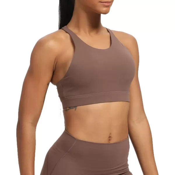 Aoxjox Womens Workout Sports Bras Fitness MediumHigh Cross Back Sporty Padded Bra Yoga Crop Tank TopFudge Coffee