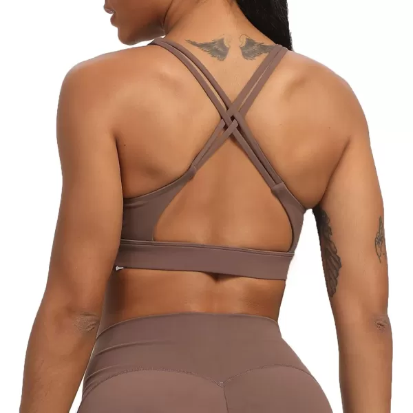 Aoxjox Womens Workout Sports Bras Fitness MediumHigh Cross Back Sporty Padded Bra Yoga Crop Tank TopFudge Coffee