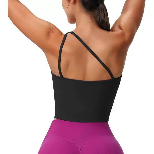 Aoxjox Womens Workout Sports Bras One Shoulder Astoria Longline Tank Fitness Training Gym Yoga Crop Tank TopBlack