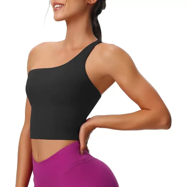 Aoxjox Womens Workout Sports Bras One Shoulder Astoria Longline Tank Fitness Training Gym Yoga Crop Tank TopBlack