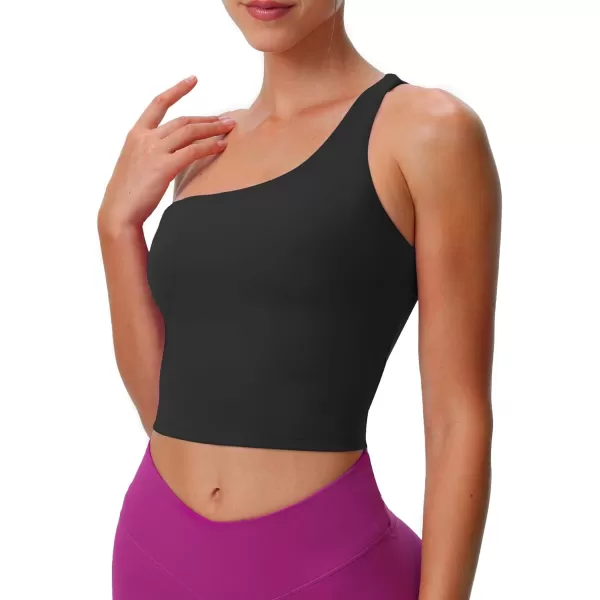 Aoxjox Womens Workout Sports Bras One Shoulder Astoria Longline Tank Fitness Training Gym Yoga Crop Tank TopBlack