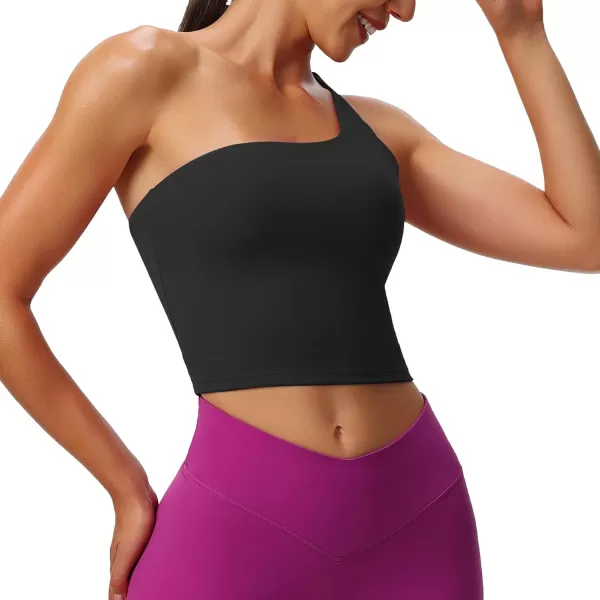 Aoxjox Womens Workout Sports Bras One Shoulder Astoria Longline Tank Fitness Training Gym Yoga Crop Tank TopBlack