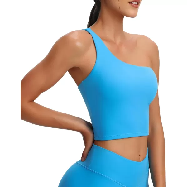 Aoxjox Womens Workout Sports Bras One Shoulder Astoria Longline Tank Fitness Training Gym Yoga Crop Tank TopBlithe Blue
