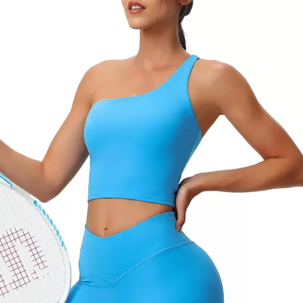 Aoxjox Womens Workout Sports Bras One Shoulder Astoria Longline Tank Fitness Training Gym Yoga Crop Tank TopBlithe Blue