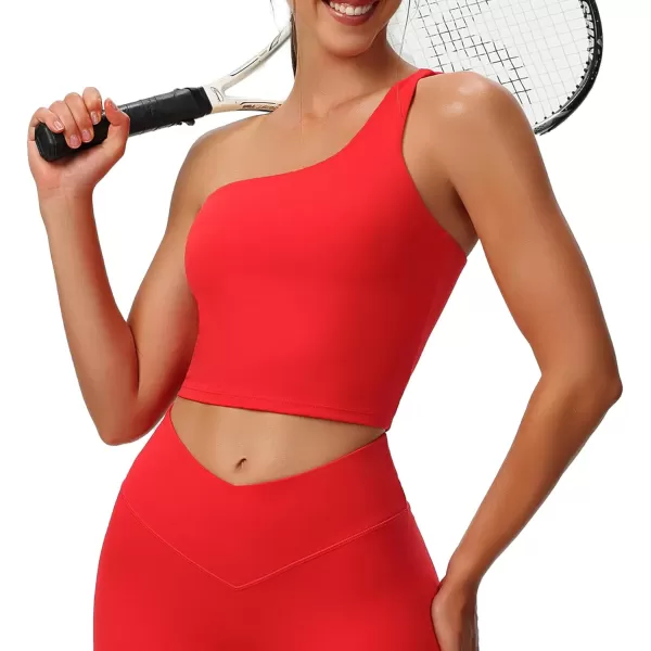 Aoxjox Womens Workout Sports Bras One Shoulder Astoria Longline Tank Fitness Training Gym Yoga Crop Tank TopRacing Red