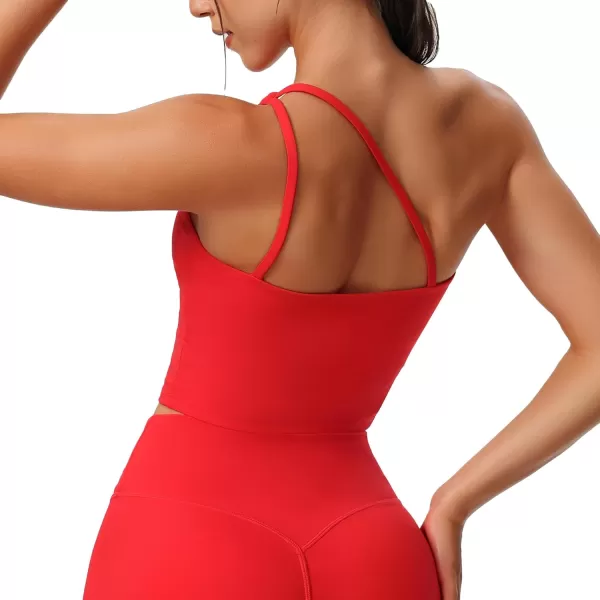 Aoxjox Womens Workout Sports Bras One Shoulder Astoria Longline Tank Fitness Training Gym Yoga Crop Tank TopRacing Red