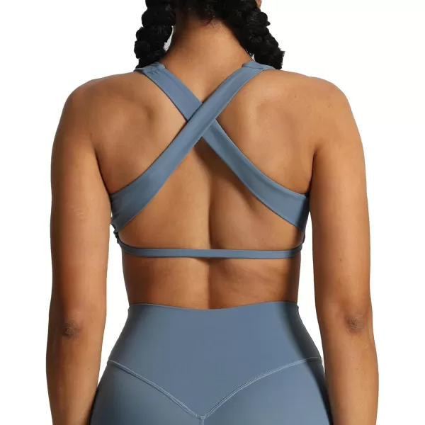 imageAoxjox Womens Workout Sports Bras Square Neck Emma Cross Back Fitness Padded Training Gym Bra Yoga Crop Tank TopSteel Blue
