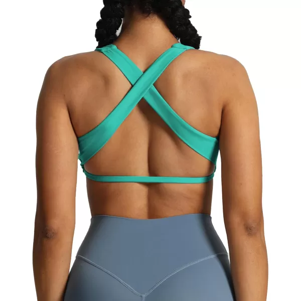 imageAoxjox Womens Workout Sports Bras Square Neck Emma Cross Back Fitness Padded Training Gym Bra Yoga Crop Tank TopTurquoise