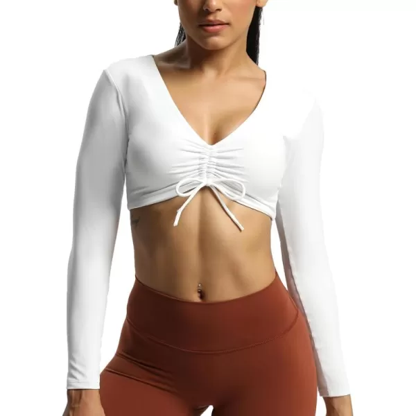 Aoxjox Long Sleeve Crop Tops for Women Betty Ruched V Neck Workout Crop T Shirt TopWhite