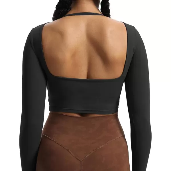 Aoxjox Long Sleeve Crop Tops for Women Square Hollow Back Workout Crop T Shirt TopBlack