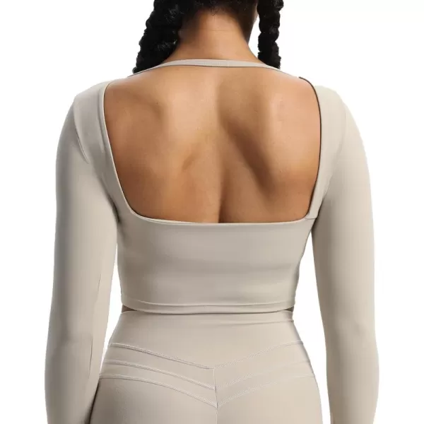 Aoxjox Long Sleeve Crop Tops for Women Square Hollow Back Workout Crop T Shirt TopMink