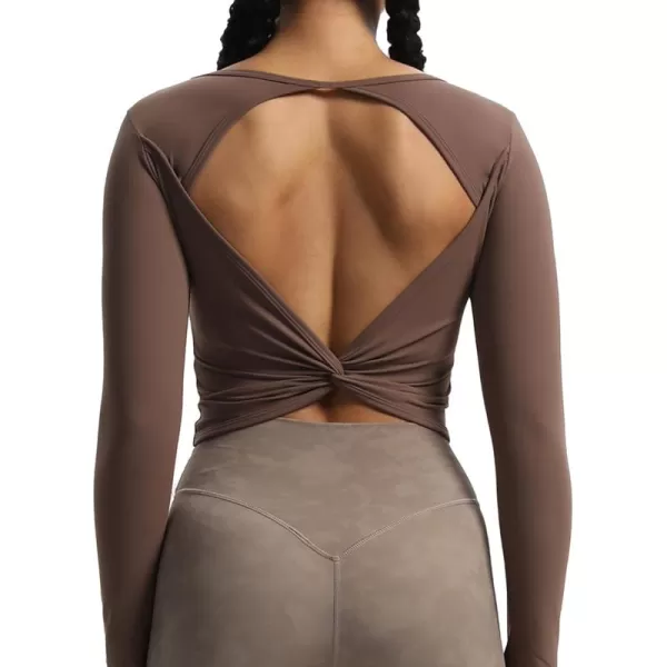 imageAoxjox Long Sleeve Crop Tops for Women Victoria Open VBack Workout Crop T Shirt TopFudge Coffee
