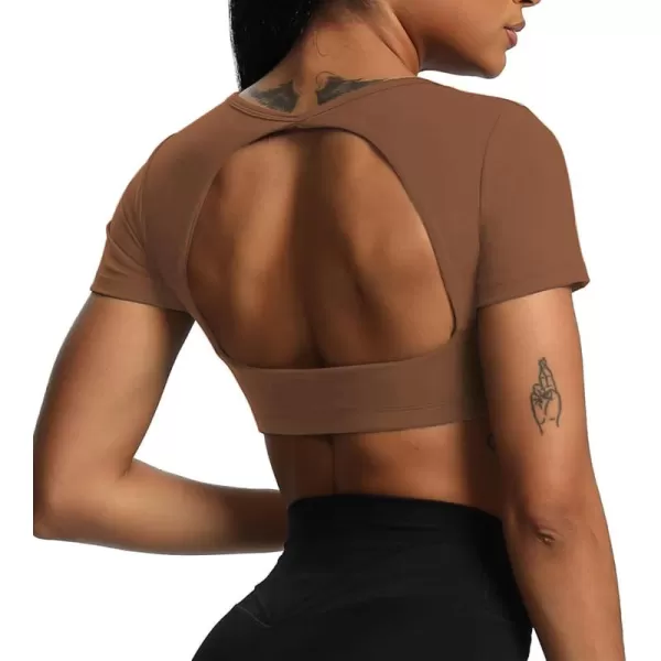 Aoxjox Short Sleeve Crop Tops for Women Clarissa Hollow Back Workout Crop T Shirt TopDandelion Brown