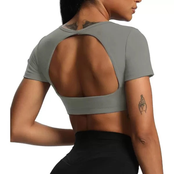 Aoxjox Short Sleeve Crop Tops for Women Clarissa Hollow Back Workout Crop T Shirt TopGrey