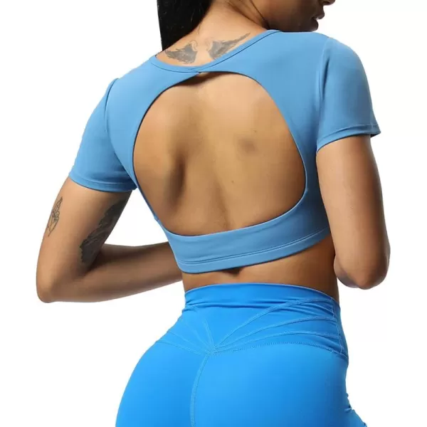Aoxjox Short Sleeve Crop Tops for Women Clarissa Hollow Back Workout Crop T Shirt TopMykonos Blue