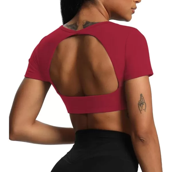 Aoxjox Short Sleeve Crop Tops for Women Clarissa Hollow Back Workout Crop T Shirt TopRumba Red