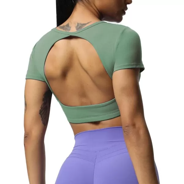 Aoxjox Short Sleeve Crop Tops for Women Clarissa Hollow Back Workout Crop T Shirt TopSage Green