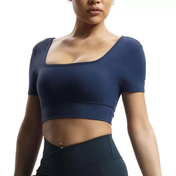 imageAoxjox Short Sleeve Crop Tops for Women Nancy Longline Square Neck V Back Workout Crop T Shirt TopNavy
