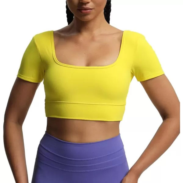 imageAoxjox Short Sleeve Crop Tops for Women Nancy Longline Square Neck V Back Workout Crop T Shirt TopVibrant Yellow
