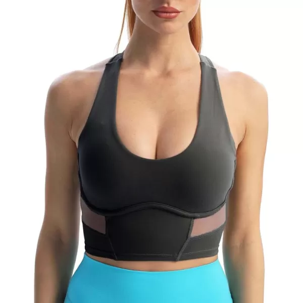 Aoxjox Womens Workout Sports Bras Blair Adjust Longline Fitness Padded Bra Yoga Crop Mesh Tank TopBlack