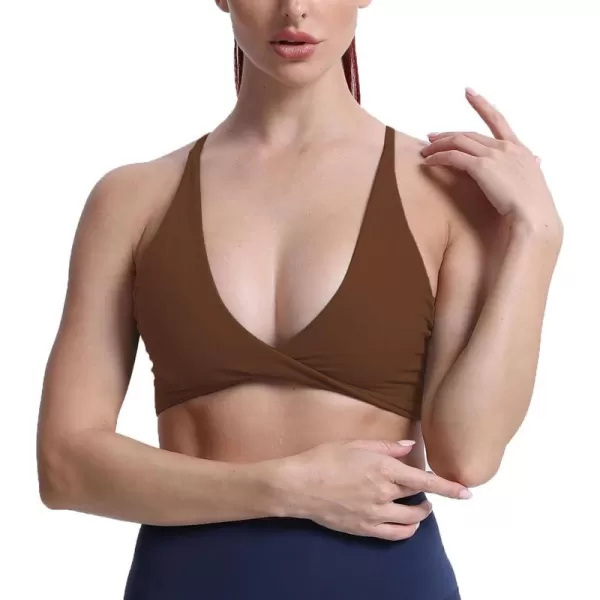 Aoxjox Womens Workout Sports Bras Fitness Backless Padded Sienna Low Impact Bra Yoga Crop Tank TopDark Brown