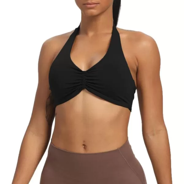 Aoxjox Womens Workout Sports Bras Fitness Backless Padded Taylor Scrunch Halter Bra Yoga Crop Tank TopA Black