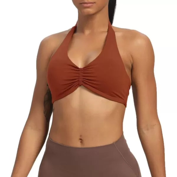 Aoxjox Womens Workout Sports Bras Fitness Backless Padded Taylor Scrunch Halter Bra Yoga Crop Tank TopCherry Mahogany