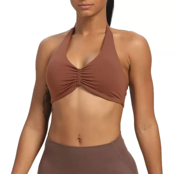 Aoxjox Womens Workout Sports Bras Fitness Backless Padded Taylor Scrunch Halter Bra Yoga Crop Tank TopDandelion Brown