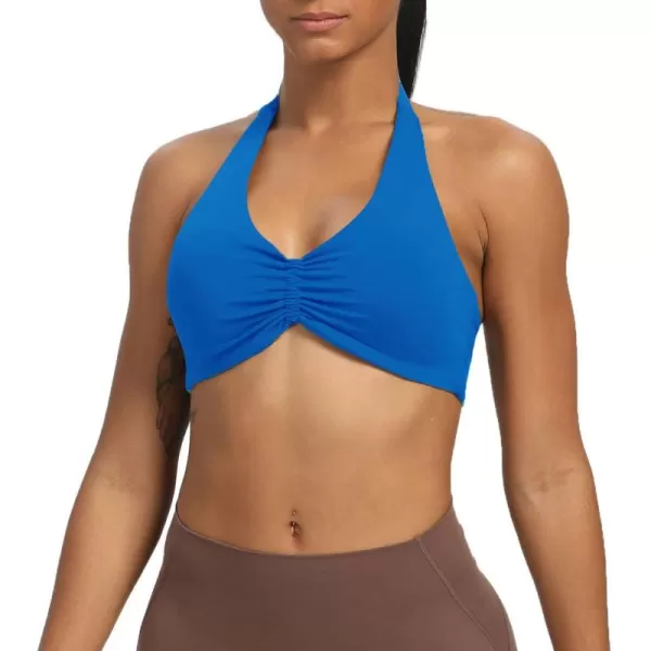 Aoxjox Womens Workout Sports Bras Fitness Backless Padded Taylor Scrunch Halter Bra Yoga Crop Tank TopDirectoire Blue