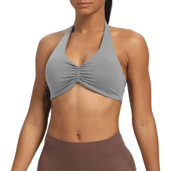 Aoxjox Womens Workout Sports Bras Fitness Backless Padded Taylor Scrunch Halter Bra Yoga Crop Tank TopGrey
