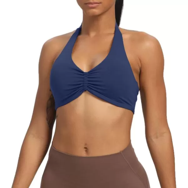 Aoxjox Womens Workout Sports Bras Fitness Backless Padded Taylor Scrunch Halter Bra Yoga Crop Tank TopNavy