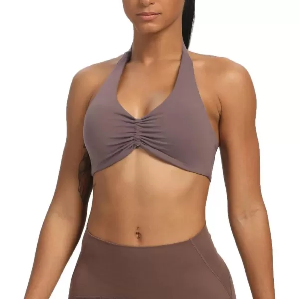 Aoxjox Womens Workout Sports Bras Fitness Backless Padded Taylor Scrunch Halter Bra Yoga Crop Tank TopPlum Truffle