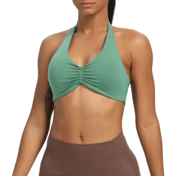 Aoxjox Womens Workout Sports Bras Fitness Backless Padded Taylor Scrunch Halter Bra Yoga Crop Tank TopSage Green